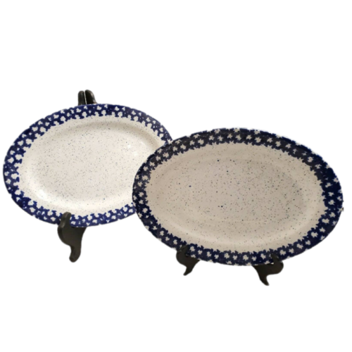 2 Blue Speckled Oval Platter with Sponge Design Rim 14.5″ Long