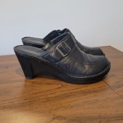 Born Mule Clogs Size 10 Shoes Womens Block Heel Platform Black Leather