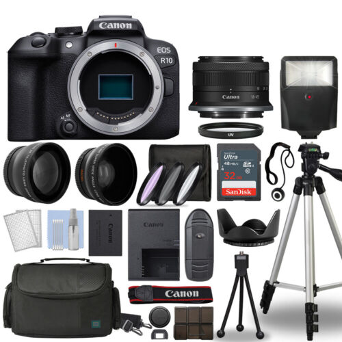 Canon EOS R10 Mirrorless Camera Body + 3 Lens Kit 18-45mm + 32GB + Flash & More