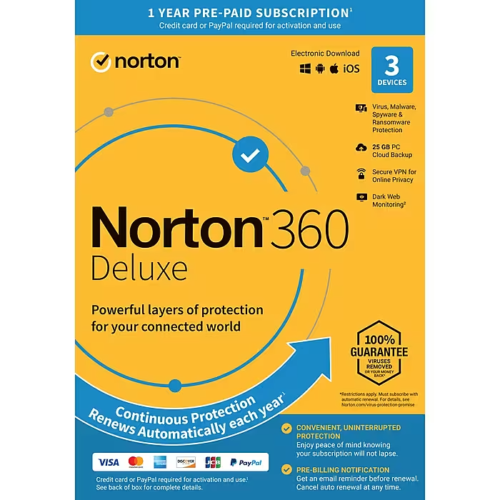 Norton 360 Deluxe 3 Devices 25GB PC Cloud Storage New 2024 VPN Internet Security