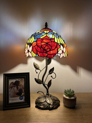 Tiffany Style Table Lamp Stained Glass Rose Flowers LED Bulb 10″W*10″D*20″H