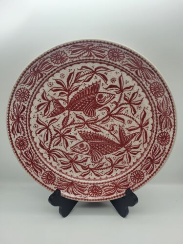 Delft Red Deep Serving Platter Wall Plate Two Fish Floral Design Crackle Glaze