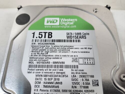 Western Digital WD Caviar Green WD15EARS 1.5 TB 3.5″ SATA Hard Drive HDD Tested