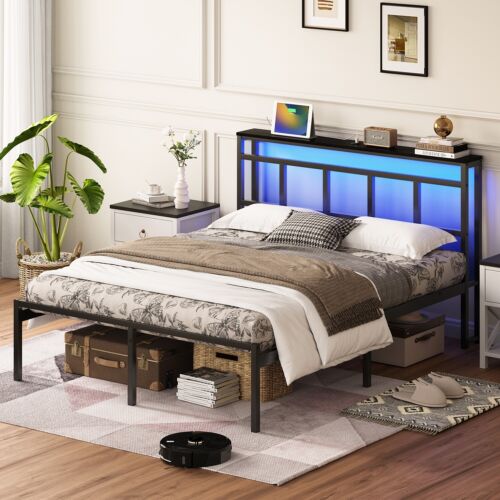 14 Inch  Metal Platform Bed Frame , USB and LED Light ,Black walnut Headboard