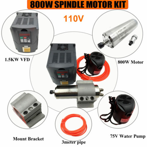 800W CNC Spindle Motor 110V Water-Cooled +1.5KW VFD Inverter+Mount Bracket &Pump