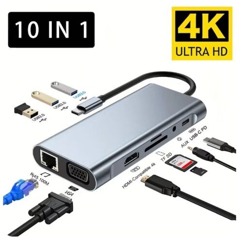 USB C Hub 4K 30Hz Type-C to HDTV Compatible USB 3.0 Adapter 10-in-1 Type-C Hub D