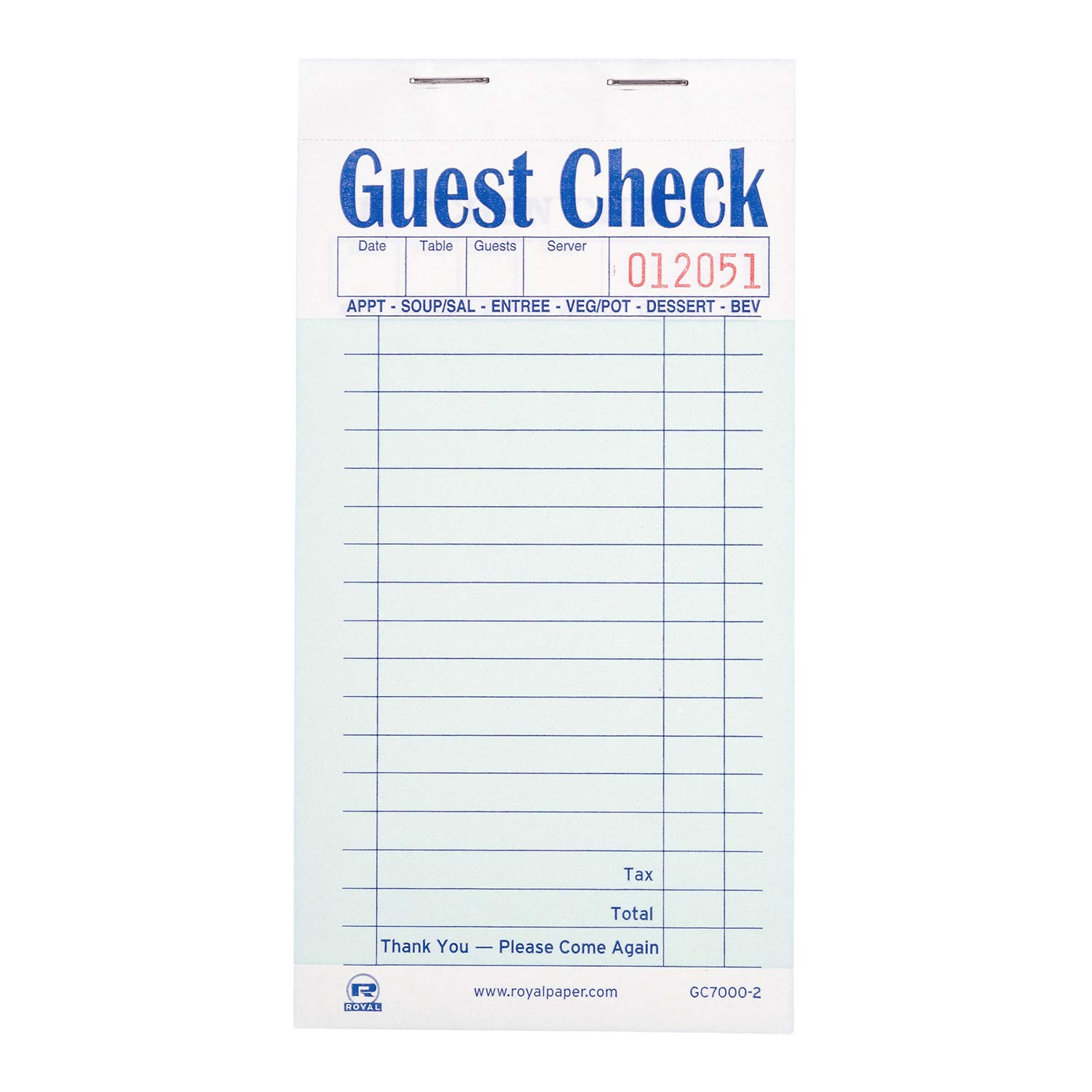 AmerCare Royal Green Guest Check Paper Receipt Book, Carbonless Order Book with 17 Lines, 2 Part Booked, Pack of 10 Server Notepad Books