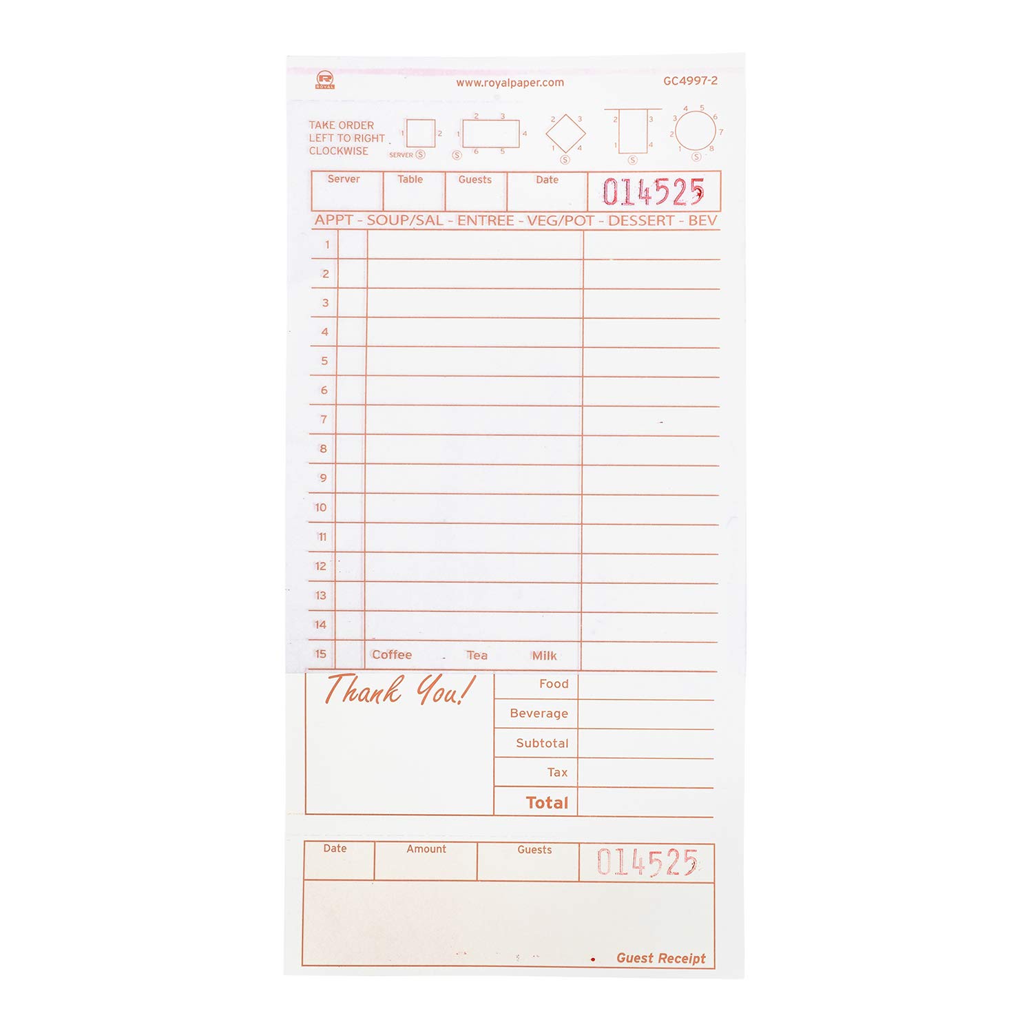 AmerCare Royal Tan Guest Check Paper Receipt Book, Carbonless Order Book with 15 Lines, 2 Part Loose, Pack of 250 Server Notepad Books