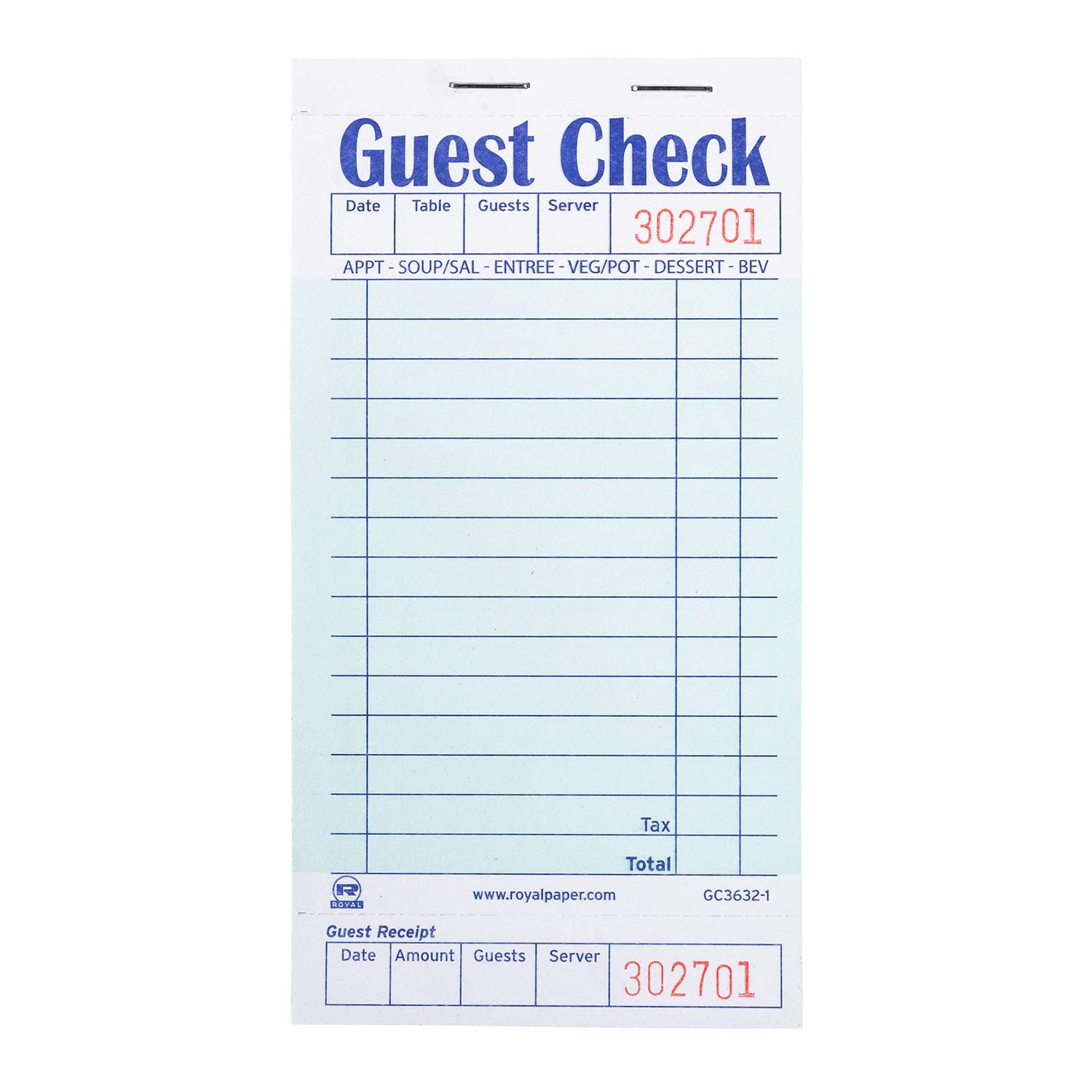 AmerCare Royal Green Guest Check Paper Receipt Book, Carbonless Order Book with 15 Lines, 1 Part Booked, Case of 50 Server Notepad Books