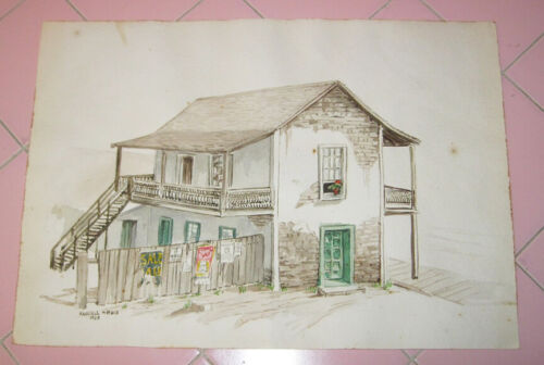 1963 Russell Antonio Ruiz Watercolor Painting Santa Barbara CA 2 Story Adobe