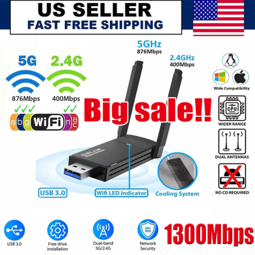 USB 3.0 Wireless WIFI Adapter 1300Mbps Long Range Dongle Dual Band 5Ghz Network