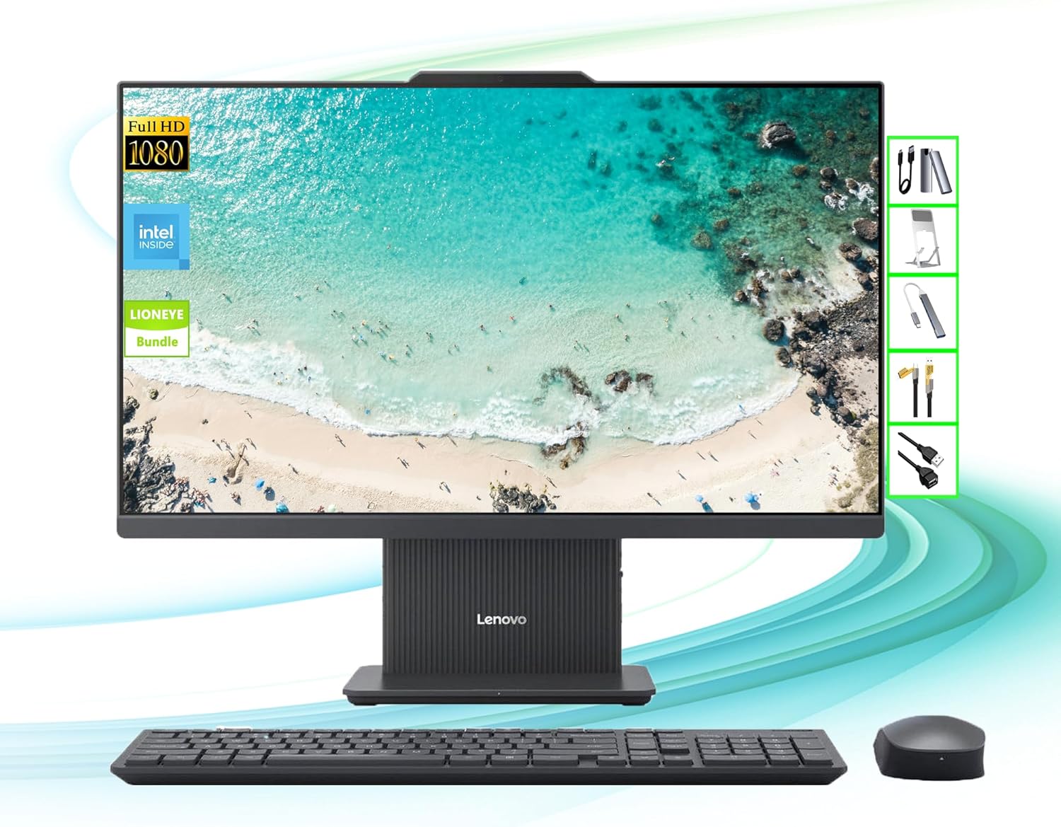 Lenovo AI-Powered IdeaCentre AIO Desktop| 24″ FHD All-in-One Computer| 16GB DDR5 RAM| 512GB SSD & 128GB Portable SSD|Intel Processor U300| Webcam| Wi-Fi | RJ-45| Copilot Ready|Windows 11| LE Bundle