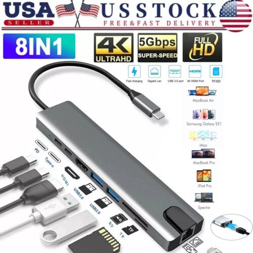 8 in 1 USB-C HUB Type-C Adapter For PC Windows Multi 3.0 4K HDMI Etherne 8 Ports