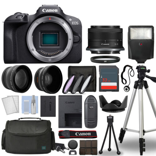 Canon EOS R100 Mirrorless Camera Black + 3 Lens Kit 18-45mm + 32GB+ Flash & More