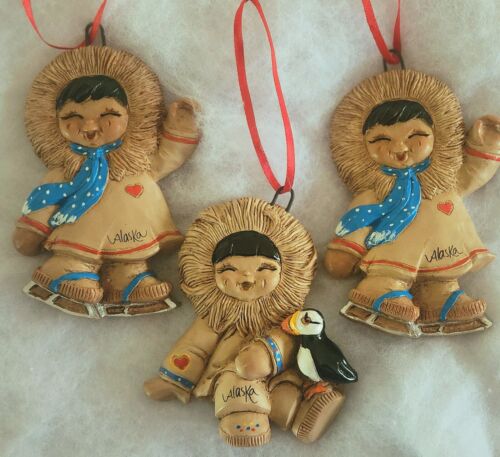 Eski Moppets Handpainted Eskimo Intuit Alaskan Ornaments VTG 2 Girls, Boy Set 3