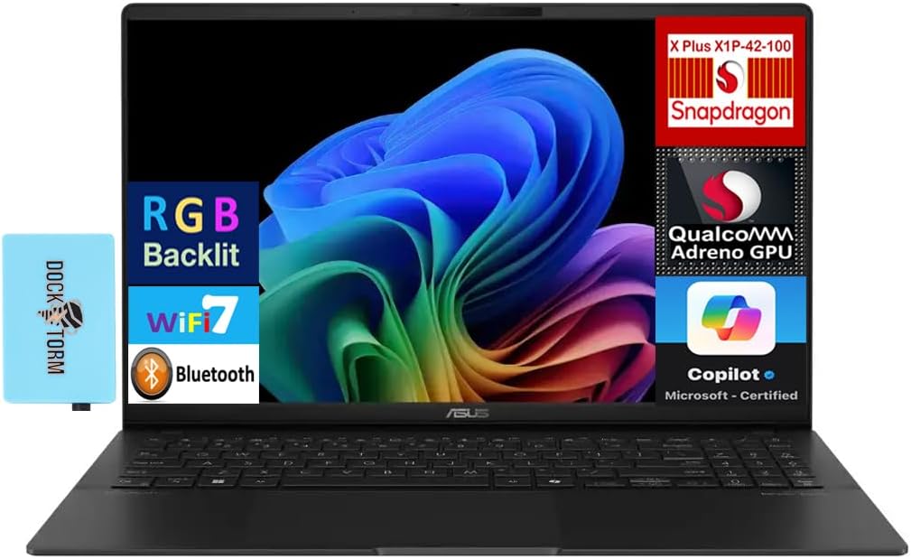 ASUS Vivobook S 15 AI Powered Laptop 15.6″ AMOLED 3K UHD Display (Qualcomm Snapdragon X Plus X1P-42-100, 16GB LPDDR5X, 512GB PCIe SSD, Qualcomm Adreno GPU, RGB KB, Win 11 Pro) w/DKZ USB Port Expander