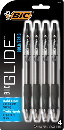 BIC Glide Bold Retractable Ball Point Pen, Bold Point (1.6mm), 4-Count Black Ink