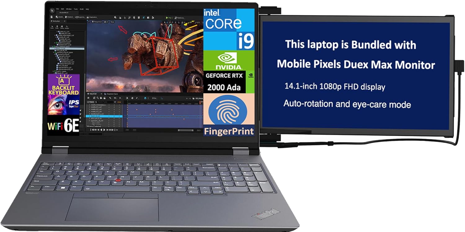 Lenovo ThinkPad P16 Gen 2 Workstation Laptop 16.0″ IPS WUXGA Display (Intel i9-13980HX, 64GB DDR5, 2TB PCIe SSD, RTX 2000 Ada, Backlit KB, Fingerprint, Win 11 Pro) w/Duex Max DS Monitor