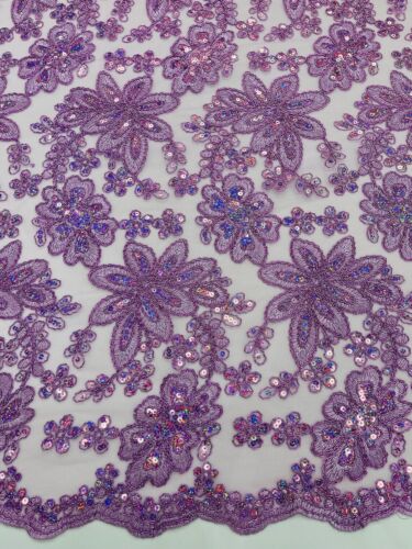 Metallic Floral Lace Fabric – Lilac – Hologram Sequins Floral Fabric By Yard