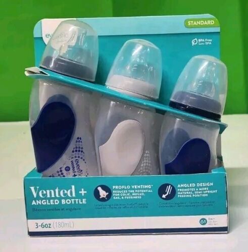 Evenflo Feeding Milk Bottles Advanced Angled  Vented Navy & Grey 3-6 oz Toddler