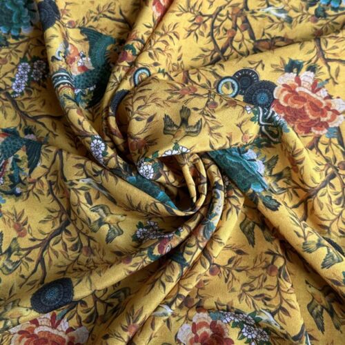 100% Silk 14 Momme 100% Mulberry Silk Crepe Fabric Yellow Phoenix 53″ wide JJ624