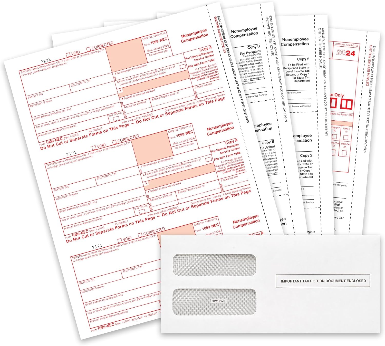 Blue Summit Supplies 1099 NEC Tax Forms 2024 with 25 Self Seal Envelopes, 25 4 Part Tax Forms Kit, Compatible with QuickBooks and Accounting Software