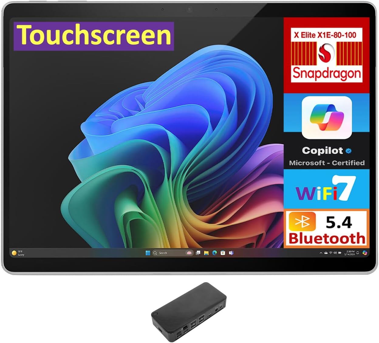 Microsoft MS Surface Pro AI Powered 2-in-1 Laptop 13.0″ Touchscreen OLED 2880×1920 Display (Qualcomm Snapdragon X Elite X1E-80-100, 16GB LPDDR5X, 2TB M.2 PCIe SSD, Win 11 Home) w/USB-C Dock