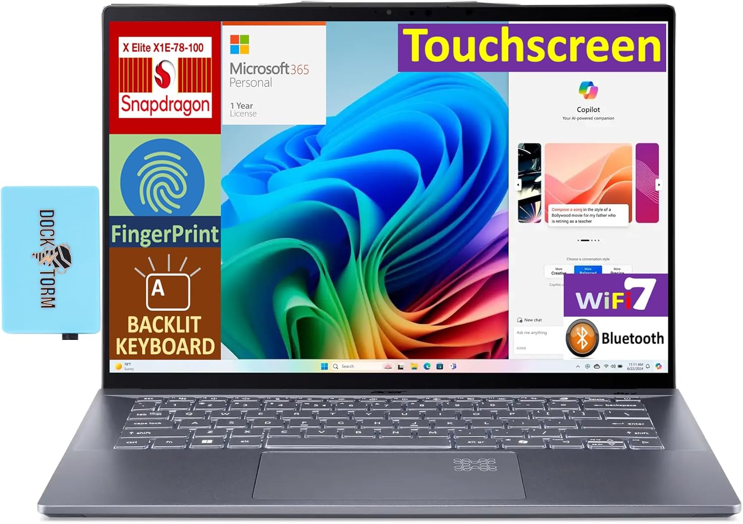 acer Swift 14 AI Powered Laptop 14.5 Touchscreen IPS WQXGA Display (Qualcomm Snapdragon X Elite X1E-78-100, 16GB LPDDR5X, 1TB SSD, Win 11 Home) w/MS 365 Personal, DKZ USB Port Expander