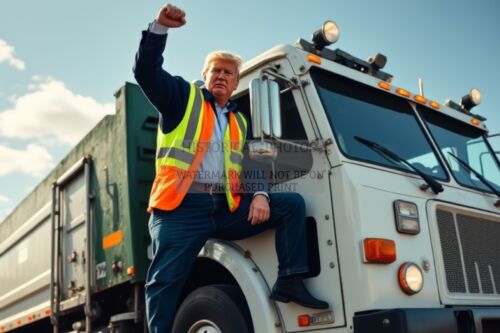 PRESIDENT DONALD TRUMP AS A GARBAGE MAN PUMPING FIST PATRIOTIC 4X6 AI PHOTO