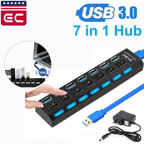 USB 3.0 Hub 7 Port On/Off Switch High Speed Splitter AC Adapter Cable PC Laptop