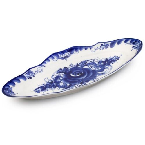 Gzhel Flowers Oval Porcelain Plate. Blue White Serving Platter 12″x5″ Гжель