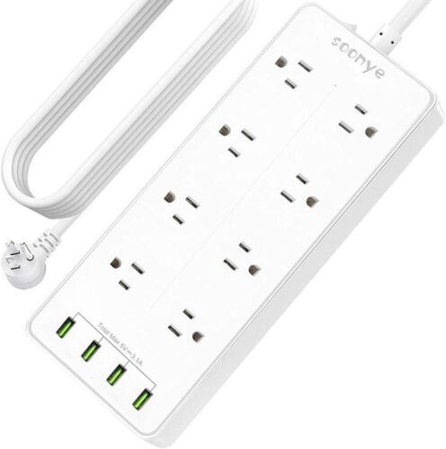 Power Strip with 8 AC outlets Spaced for Non-Crowding & 4 USB Ports, White