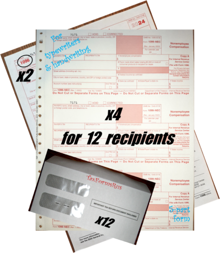 2024 IRS TAX FORMS KIT:: 1099-NEC Carbonless 12 recipients +12envelopes +(2)1096