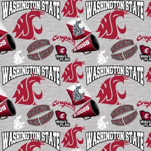 Washington State Cougars WSU Cotton Fabric Mascot on Heather Ground-By the Yard