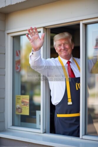 PRESIDENT DONALD TRUMP WAVING OUT OF MCDONALDS DRIVE-THROUGH 4X6 AI PHOTO