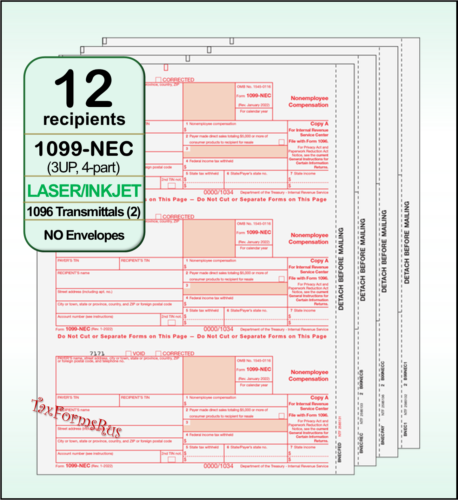 2024 IRS Tax Form 1099-NEC Laser 12 recipients+(2)1096 #NECS405 – 3UP 4pt NO Env