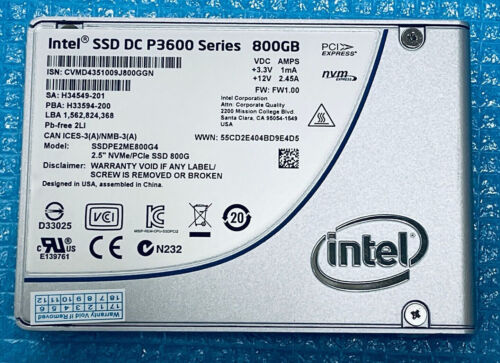 Intel SSD DC P3600 800GB Nvme U2 SSD 2.5″ Intel 800GB SSDPE2ME800G4 (6Days Used)