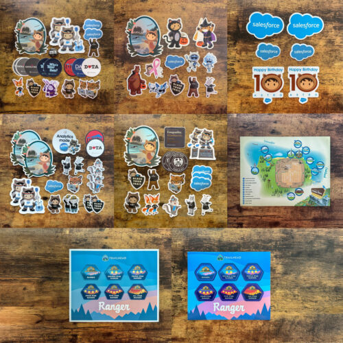 Huge collection of Salesforce stickers, ranger ranks magnets, and other swag