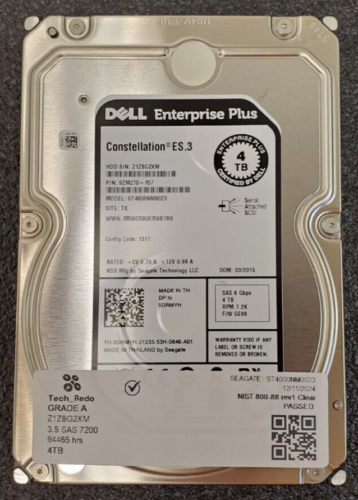 Dell Certified Enterprise 4TB 3.5″ SAS HDD ST4000NM0023  7200RPM 6Gb/s 128MB