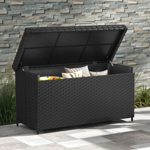 170 Gallon XL Outdoor Storage Box Woven Rattan Deck Box Patio Wicker Storage Bin