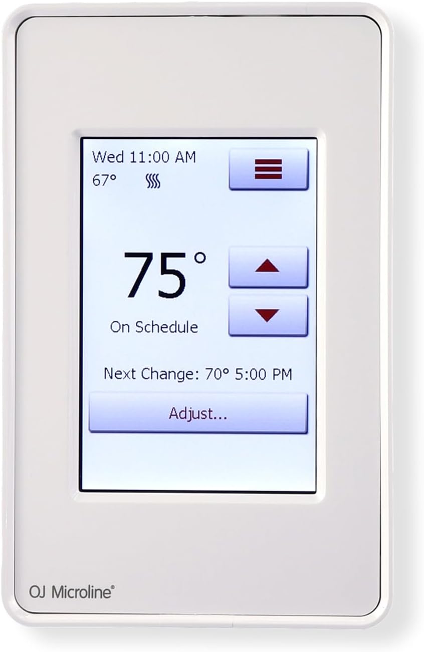 OJ Microline Thermostat with Built-in GFCI #UDG4-4999. Touch Screen Programmable Thermostat for Radiant Floor Heating System, with Dual Sensing and Dual Voltage Capabilities. Includes Floor Sensor