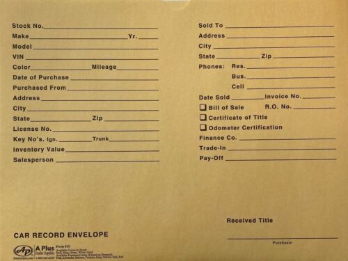 Car Record Envelope #19 Golden Buff Auto Dealer Record Envelope • Qty 500 (W3)