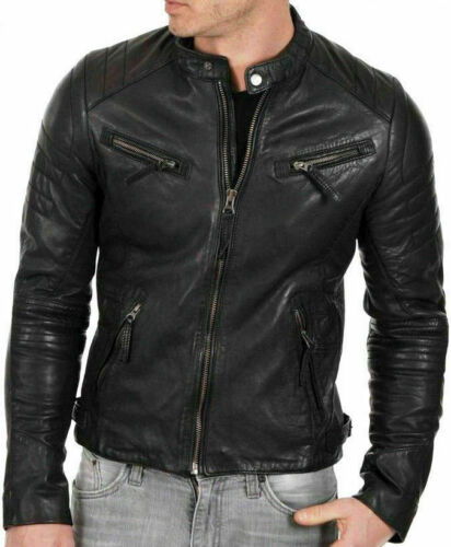 Men’s Genuine Lambskin Leather Jacket Black Slim Fit Biker Winter jacket