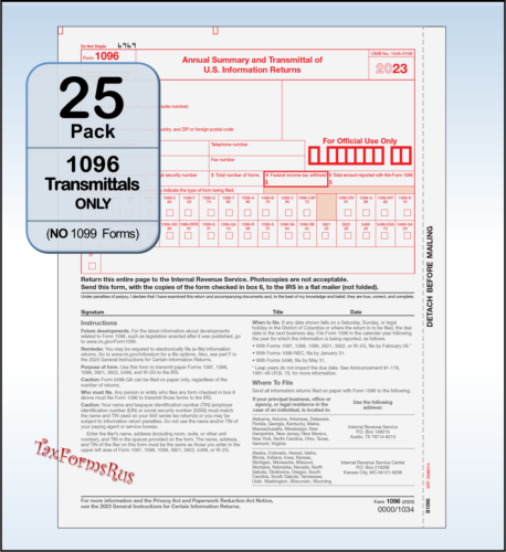 25-pack – 2023 Tax Form 1096 Annual Transmittals ONLY (for 1099-MISC/NEC to IRS)