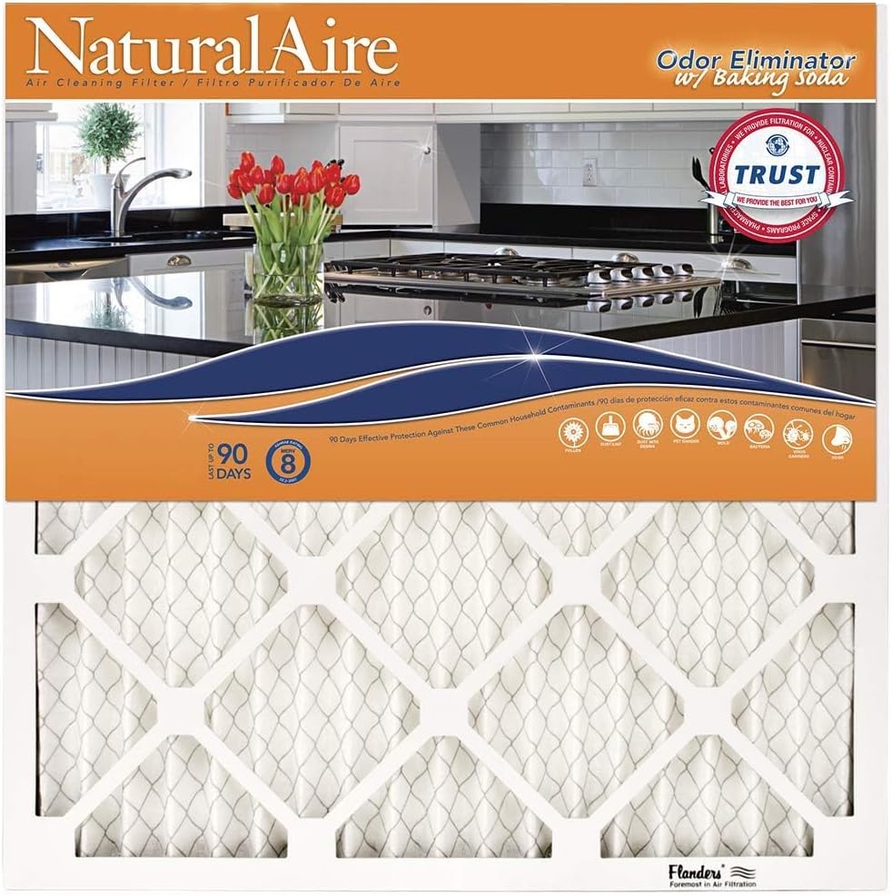 Flanders NaturalAire 20x20x1 Air Filter Replacement, HVAC AC Furnace Filters with Odor Eliminating Baking Soda, MERV 8 Rating, Lasts Up To 90 Days, Reduces Allergens, Dust, Mold Spores, Pack of 4