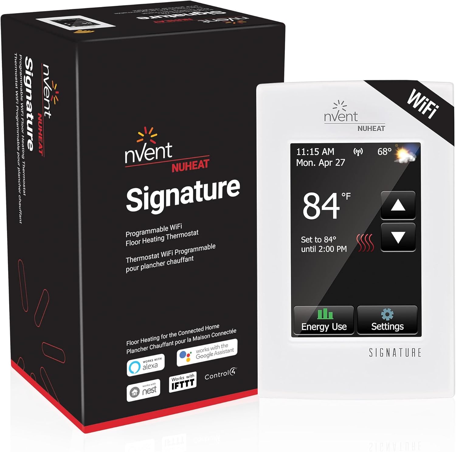 Nuheat nVent AC0055 Signature Programmable WiFi Touchscreen Thermostat, for Radiant Heated Floors, 120V/240V Cables, with an Extra OJ Electronics Floor Heating Temperature Sensor and Built-in GFCI