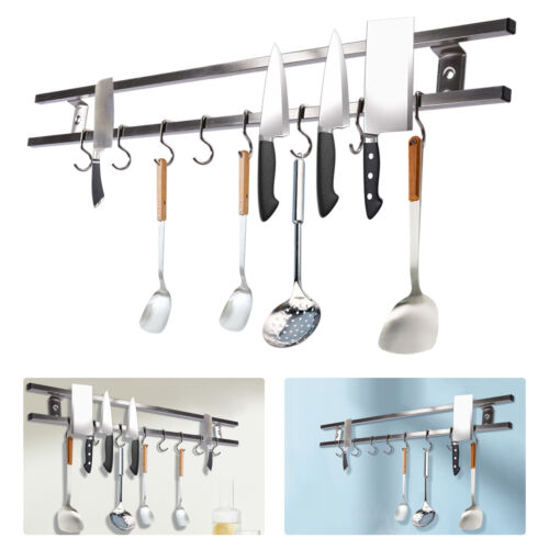 24″ Wall Mount Magnetic Knife Storage Holder Rack Double-bar Kitchen Tool+8 Hook