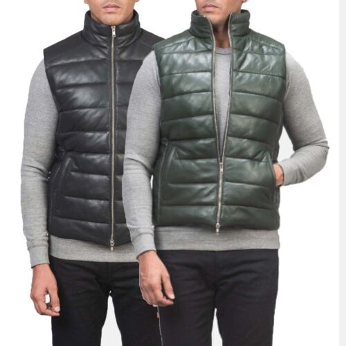 Men’s Puffer Leather Vest Bomber Real Sheepskin Winter Padded Quilted Waistcoat