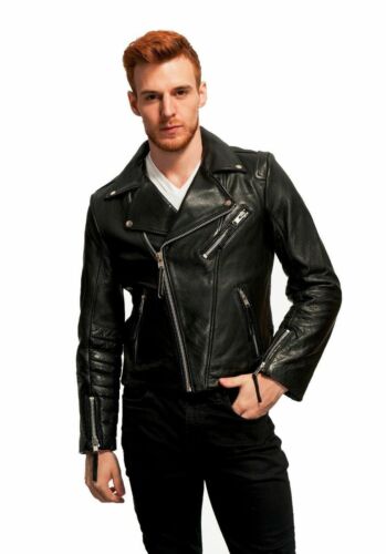 Men’s Genuine Lambskin Leather Jacket Black Slim fit Motorcycle Biker jacket