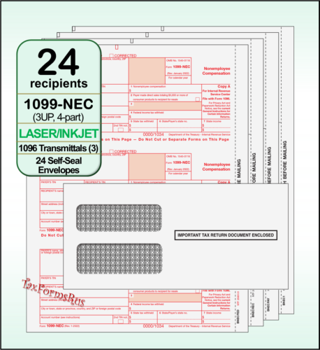 2024 IRS TAX FORMS KIT:: 1099-NEC Laser 24 recipients+envelopes +(3)1096 #NECS4E